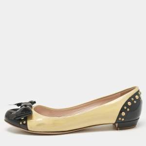 Miu Miu Yellow/Black Patent Leather Studded Bow Ballet Flats Size 37