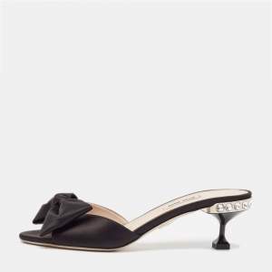 Miu Miu Black Satin Bow Crystal Embellished Slide Sandals Size 39