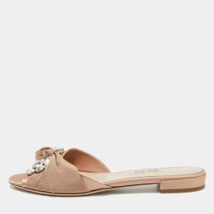Miu Miu Pink Knotted Fabric and Satin Crystal Embellished Flat Slides Size 39
