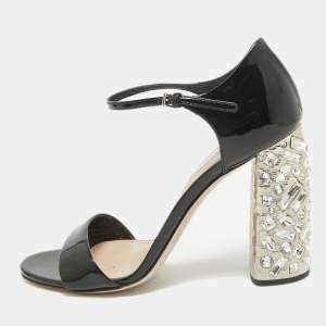 Miu Miu Black Patent Leather Crystal Embellished Ankle Strap Sandals Size 37