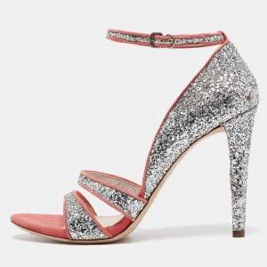 Miu Miu Silver Glitter Suede Ankle Strap Sandals Size 40