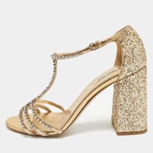 Miu Miu Metallic Glitter Crystal Embellished Ankle Strap Sandals Size 40