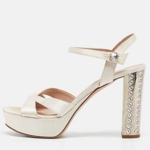 Miu Miu Cream Satin Crystal Embellished Ankle Strap Sandals Size 40