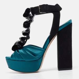 Miu Miu Black/Green Satin and Suede Ankle Strap Sandals Size 35