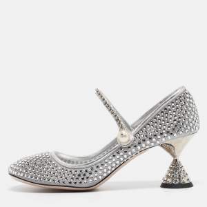 Miu Miu Silver Leather and Mesh Crystal Embellished Pumps Size 40