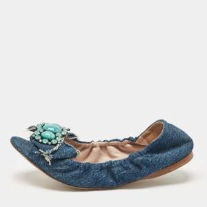 Miu Miu Blue Denim Crystal Embellished Bow Scrunch Open Toe Flats Size 37