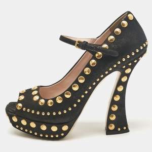 Miu Miu Black Leather Studded Open Toe Platform Mary Jane Pumps Size 38.5