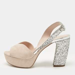 Miu Miu Pink/Silver Suede and Glitter Platform Sandals Size 36