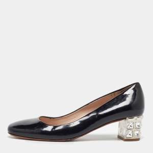 Miu Miu Black Patent Leather Crystal Embellished Block Heel Pumps Size 37