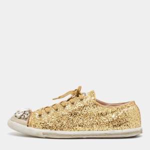 Miu Miu Gold Glitter and Leather Low Top Sneakers Size 39