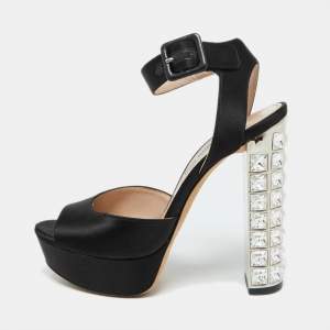 Miu Miu Black Satin Crystal Embellished Block Heel Platform Sandals Size 35.5