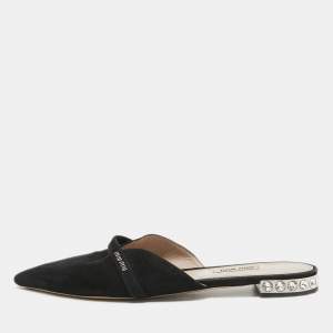 Miu Miu Black Suede Crystal Embellished Flat Mules Size 39.5  