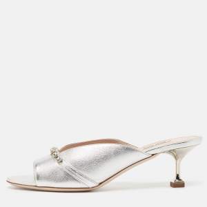 Miu Miu Silver Leather Crystal Embellished Slide Sandals Size 40