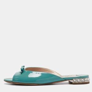 Miu Miu Green Patent Leather Bow Crystal Embellished Slides Size 37