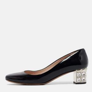 Miu Miu Black Patent Leather Crystal Embellished Block Heel Pumps Size 37