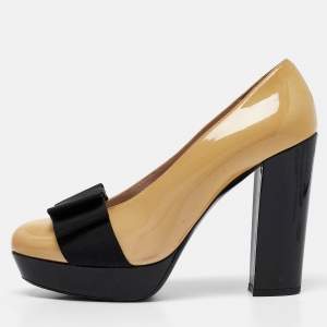 Miu Miu Beige/Black Patent Leather Bow Platform Pumps Size 39
