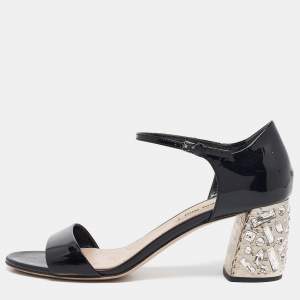 Miu Miu Black Patent Leather Crystal Embellished Ankle Strap Sandals Size 40