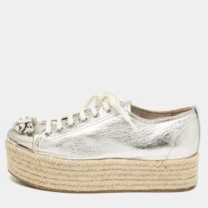 Miu Miu Silver Leather Crystal Embellished Platform Espadrille Flats Size 40