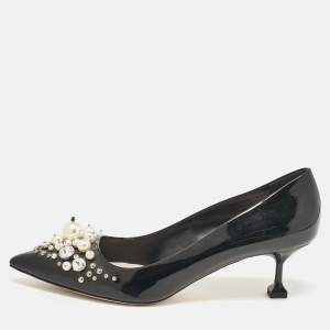 Miu Miu Black Patent Crystal and Pearl Embellished Pointed Toe Pumps Size 39