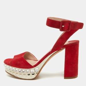 Miu Miu Red Suede Crystal Embellished Platform Ankle Strap Sandals Size 37.5