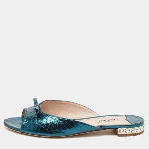 Miu Miu Green Python Embossed Leather Flat Slides Size 40