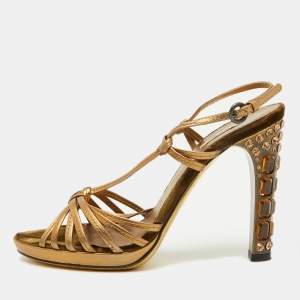Miu Miu Gold Leather Crystal Embellished Heel Strappy Sandals Size 36