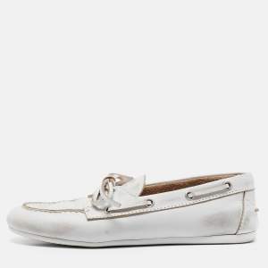 Miu Miu White Distressed Leather Bow Slip On Boat Shoes Size 36.5