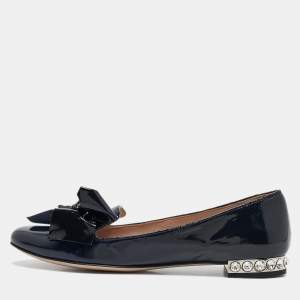 Miu Miu Navy Blue Patent Leather Bow Crystals Embellished Smoking Slippers Size 36