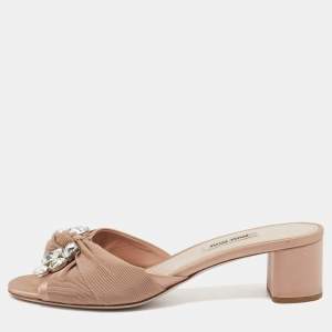 Miu Miu Beige Fabric Crystal Embellished Slide Sandals Size 38.5