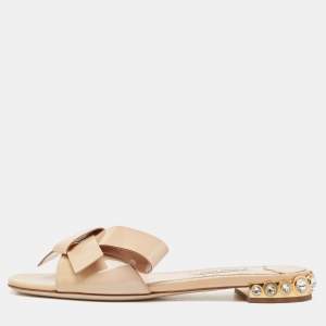 Miu Miu Beige Patent Leather Bow Crystal Embellished Flat Slides Size 36