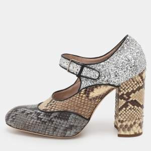 Miu Miu Multicolor Glitter and Python Leather Block Heel Pumps Size 40