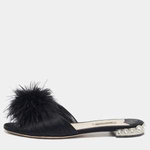 Miu Miu Black Ostrich Feather and Satin Crystals Embellished Slide Flats Size 38.5