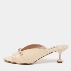 Miu Miu Beige Patent Leather Crystal Embellished Open Toe Mules Size 36
