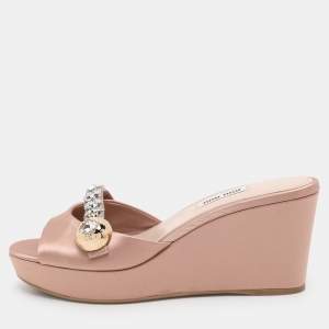 Miu Miu Nude Pink Satin Crystal Embellished Wedge Platform Slide Sandals Size 38.5