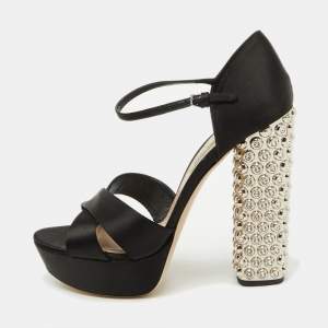 Miu Miu Black Satin T-Strap Crystal Embellished Heel Platform Sandals Size 39