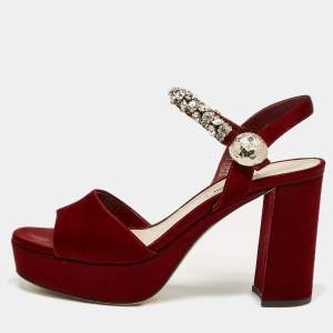 Miu Miu Burgundy Satin Crystal Embellished Platform Sandals Size 39