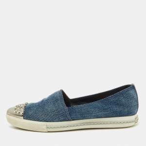 Miu Miu Blue Denim Crystal Embellished Cap Toe Slip On Sneakers Size 37