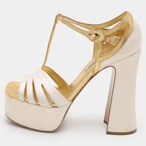 Miu Miu White/Gold Leather and Satin Platform Sandals Size 36