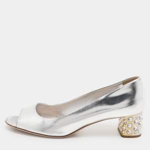 Miu Miu Silver Leather Crystal Embellished Block Heel Peep Toe Pumps Size 38.5
