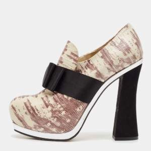 Miu Miu Beige/Black Lizard Embossed Leather Bow Platform Block Heel Pumps Size 38.5