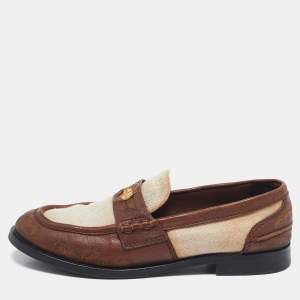 Miu Miu Beige/Brown Canvas and Leather Coin Penny Loafers Size 38