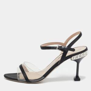 Miu Miu Black Satin And PVC Embellished Heel Ankle Strap Sandals Size 38
