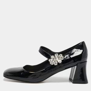 مملوكة مسبقًا Miu Miu Black Patent Leather Crystal Embellished Mary Jane Pumps Size 37