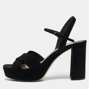 Miu Miu Black Suede Platform Block Heel Ankle Strap Sandals Size 40.5