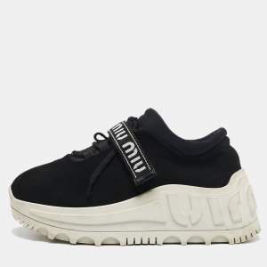 Miu Miu Black Fabric Graphic Trim Lace Up Sneakers Size 40
