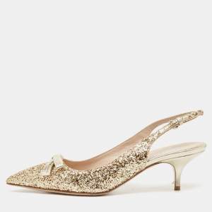 Miu Miu Gold Glitters and Leather Bow Slingback Pumps Size 37.5