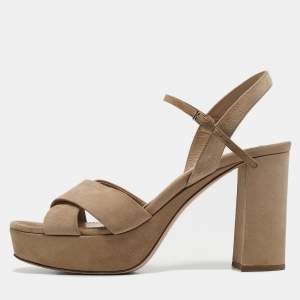 Miu Miu Beige Suede Platform Block Heel Ankle Strap Sandals Size 40