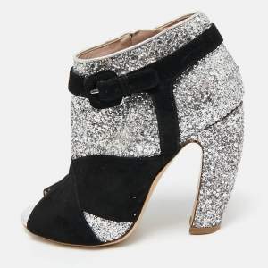 Miu Miu Silver/Black Glitter and Suede Peep-Toe Ankle Boots Size 36