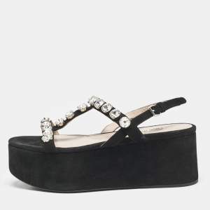 Miu Miu Black Suede Crystal Embellished Platform Sandals Size 39