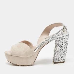 Miu Miu Beige/Silver Leather and Suede Glitter Heel Sandals Size 36